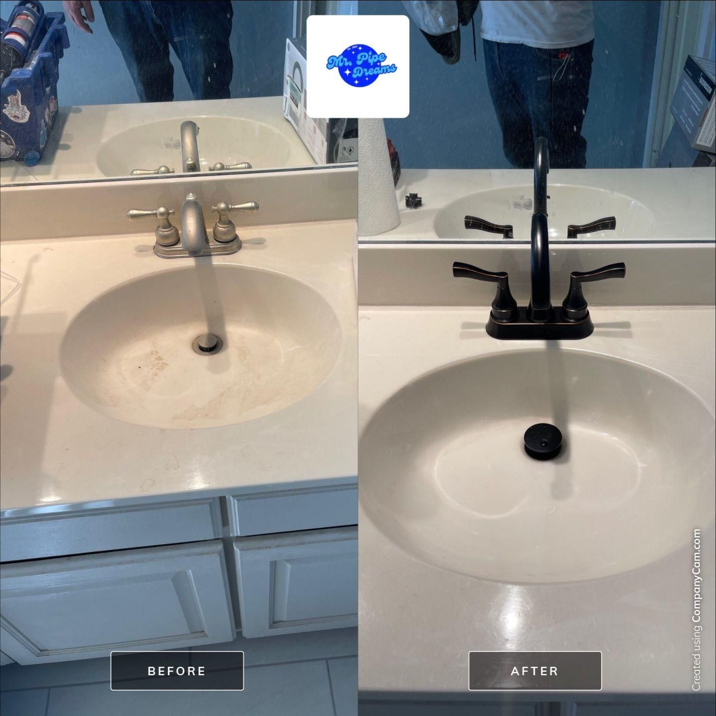 Bathroom sink before-and-after: white vanity with old silver faucet on left, black modern faucet on right.