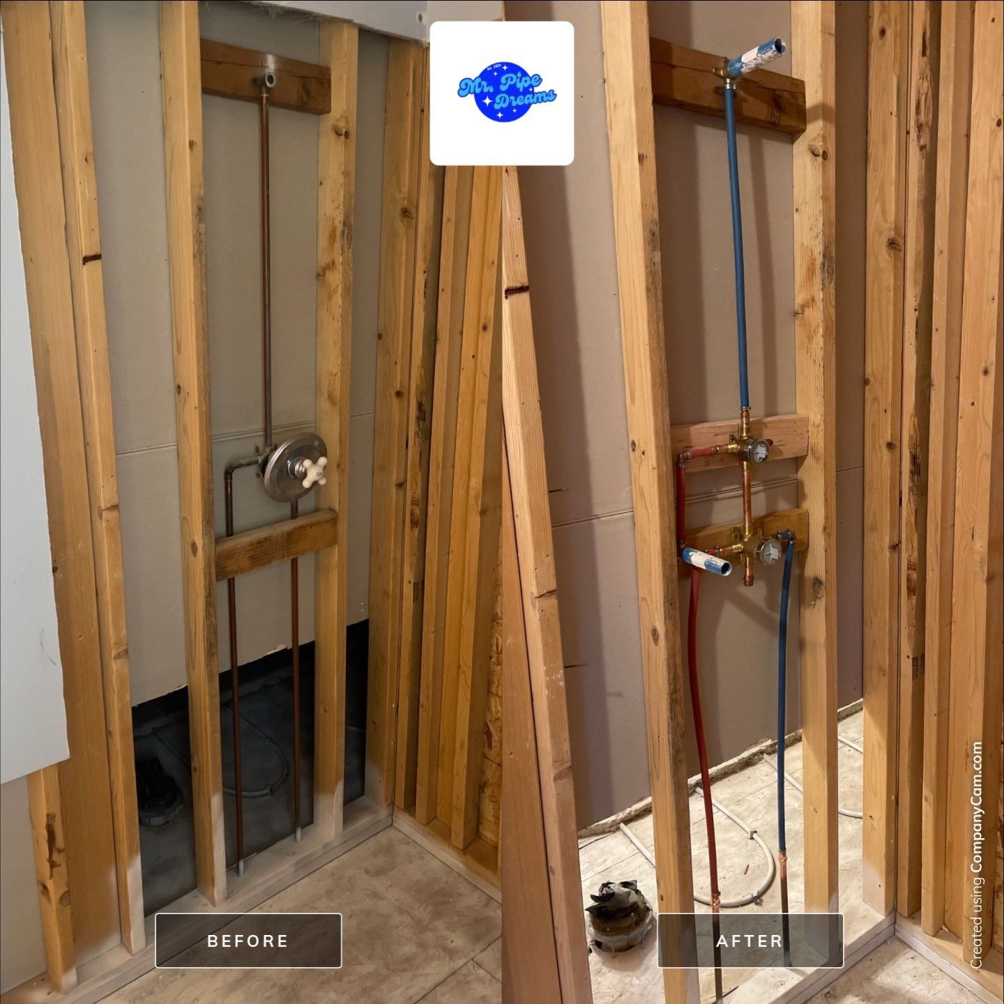 Before-and-after view of a wall framing plumbing installation in a bathroom under construction