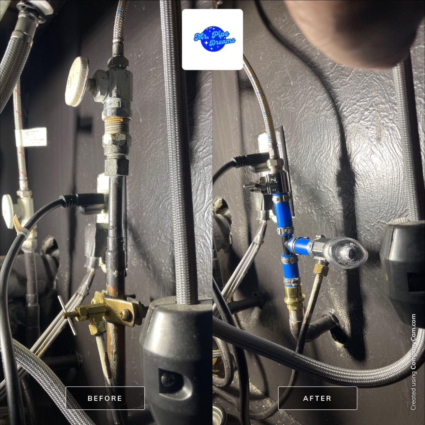 Before-and-after view of a black interior wall with wiring and a blue hose fitting on the right.