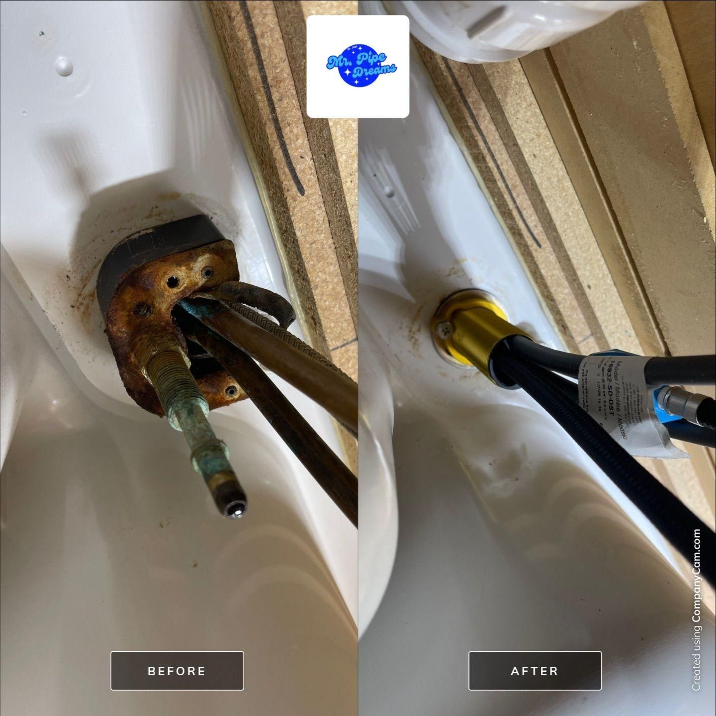 Before-and-after of a corroded metal pipe connection, replaced with a new brass fitting under a sink.