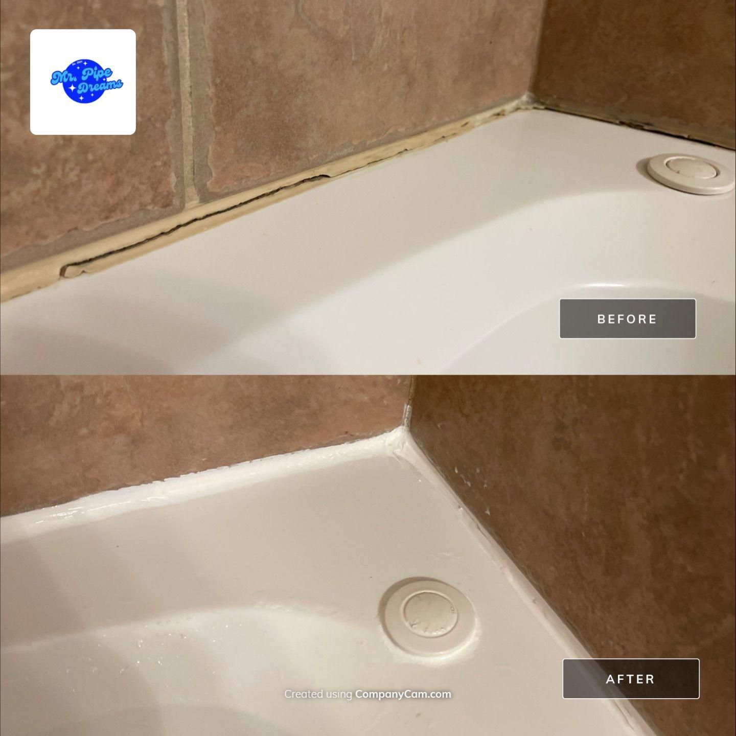 Bathroom shower corner before-and-after: stained caulk cleaned, white grout brightened.