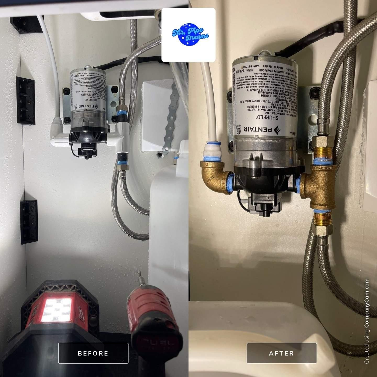 Under-sink plumbing with a red flashlight before and after water filter installation comparison