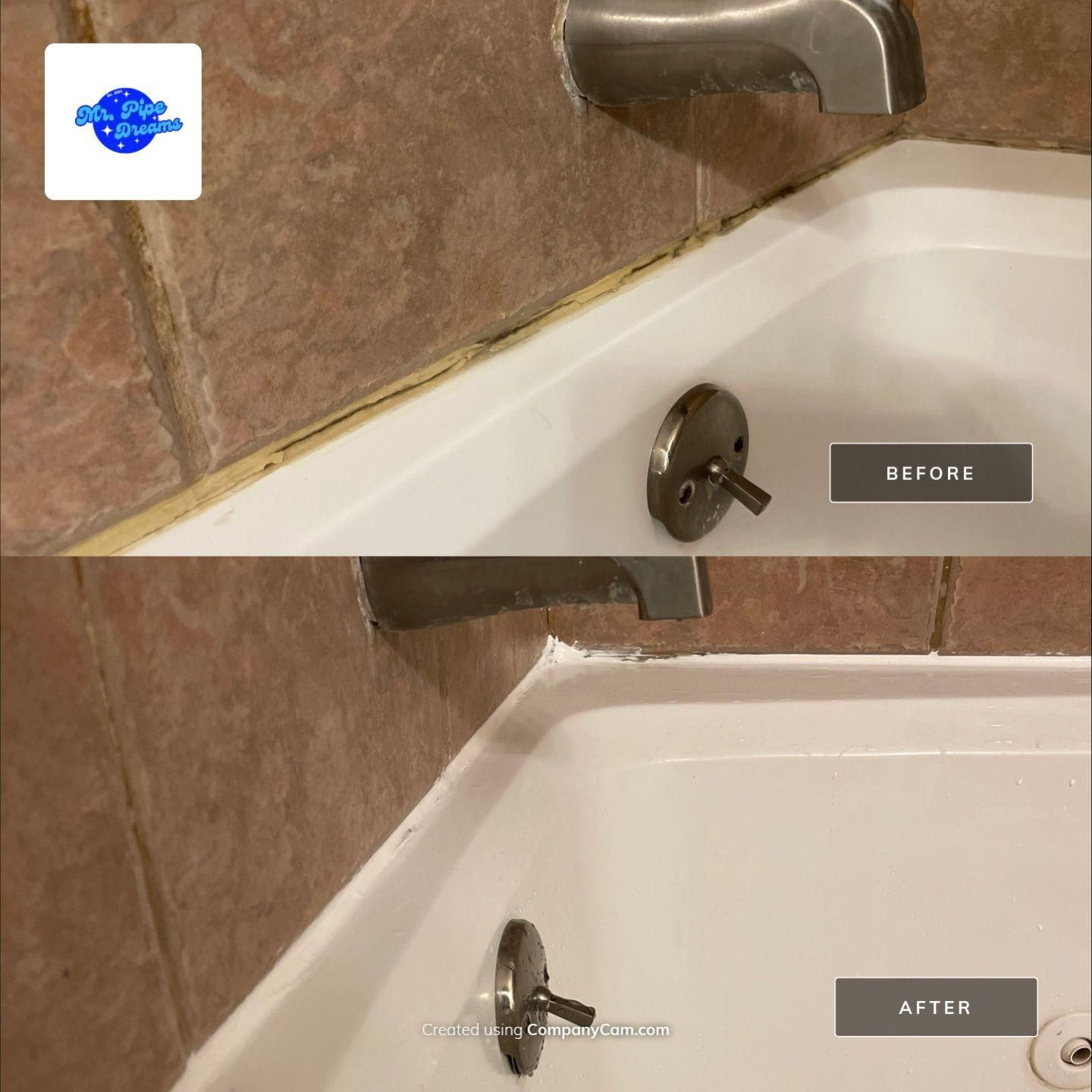 Bathroom tub/shower before-and-after, showing a repaired faucet and surrounding tile and tub edge.