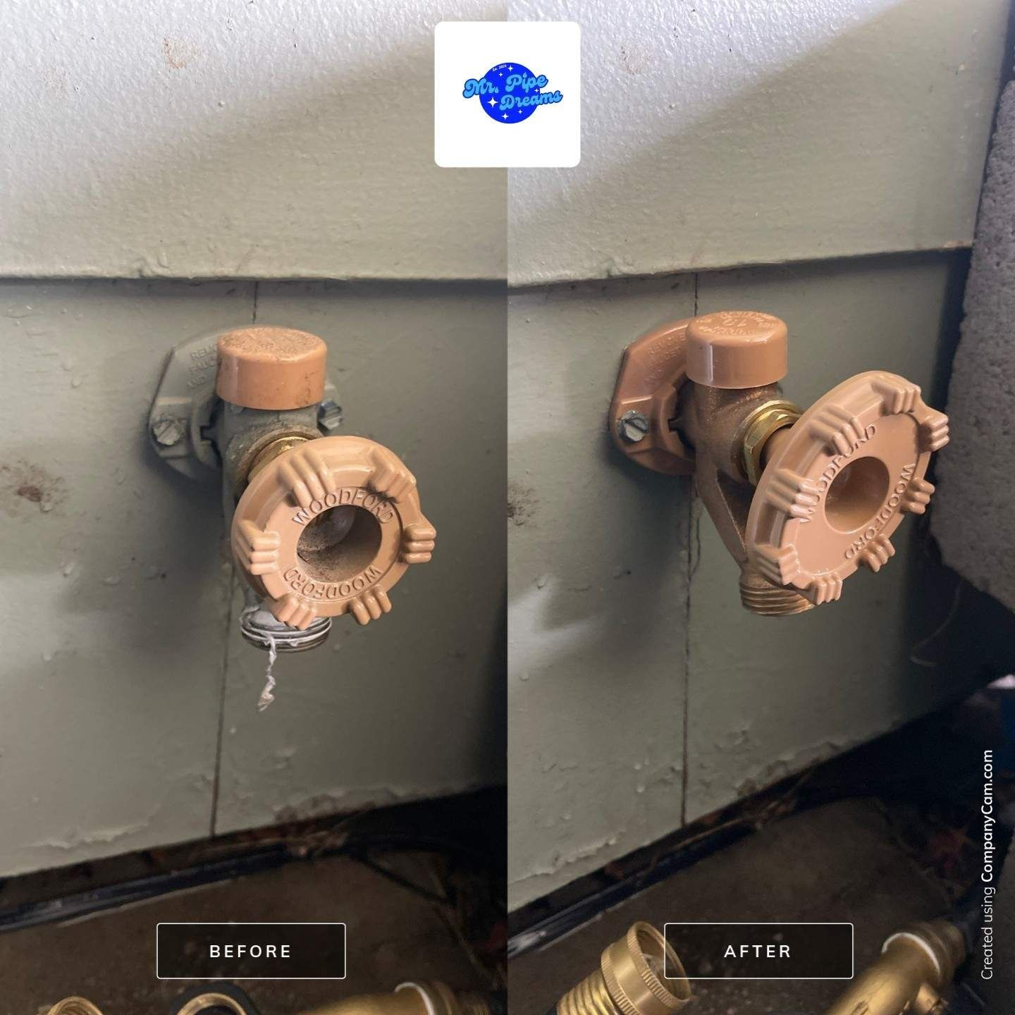 Two beige valves on a gray metal tank, with “before” and “after” labels at the bottom.