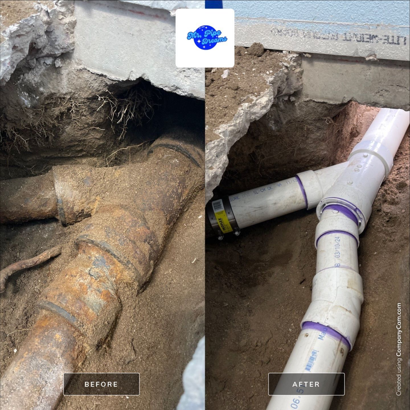 Broken pipe beneath concrete slab, showing before-and-after PVC drain repair in a dug-out trench