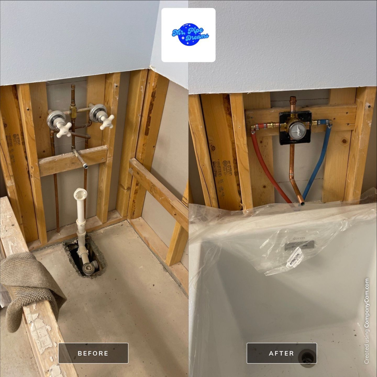 Before-and-after bathroom renovation showing exposed plumbing and a sink install.