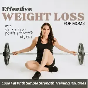 Woman seated, holding barbell, promoting weight loss for moms. Text: