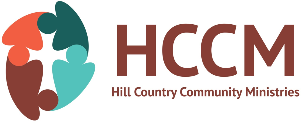 Logo for Hill Country Community Ministries: Four people intertwined in various colors around 