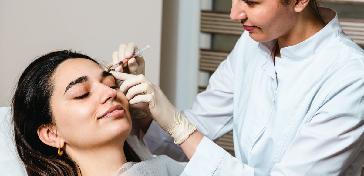 Cosmetologist applying eyebrow treatment to a relaxed client in a clinic setting