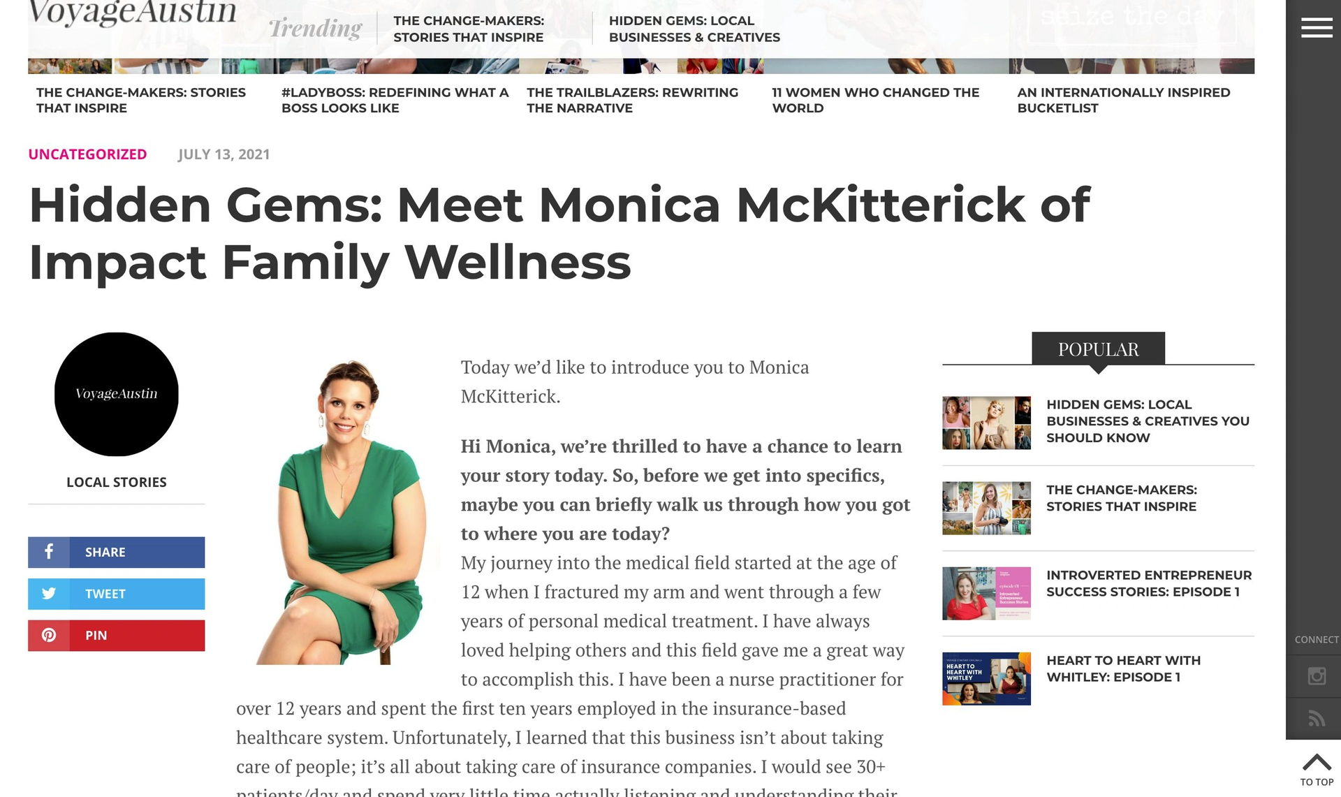 A woman in a green dress is sitting on a chair on a website.
