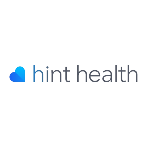 A hint health logo with a blue heart on a white background.