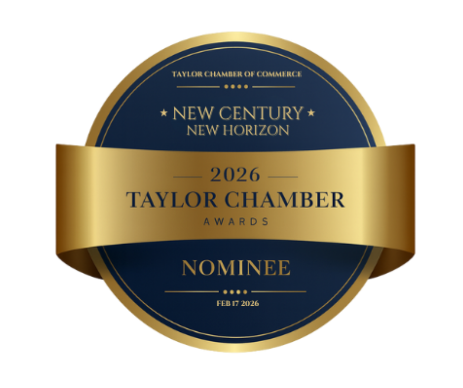 Taylor Chamber Awards nominee badge, navy and gold, with text 
