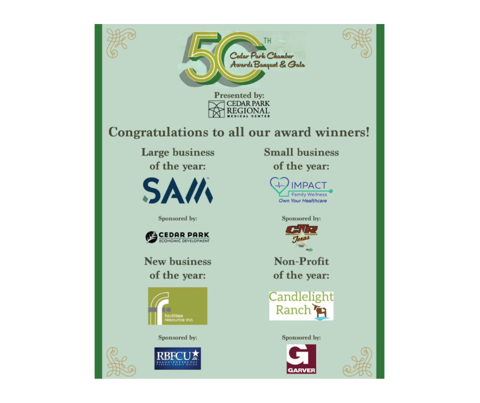 Award graphic: winners listed for Cedar Park Chamber event. Logos and text on a green background.