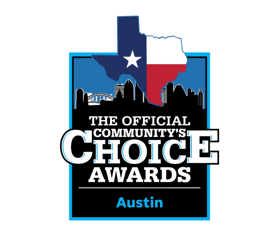 Official Community's Choice Awards logo for Austin, TX, with Texas flag silhouette and city skyline. Blue and white colors.