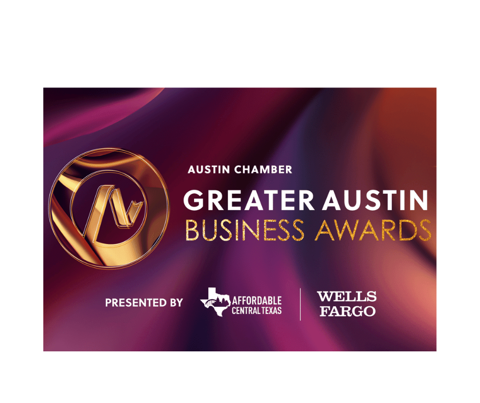 Austin Chamber's Greater Austin Business Awards logo with gold, purple, and sponsors Affordable Central Texas & Wells Fargo.