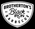 A black and white logo for brotherton 's black iron barbecue.