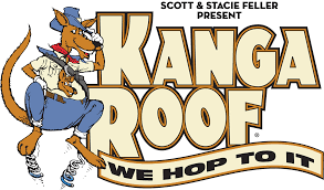 Cartoon kangaroo in overalls, hat, and scarf. Text: Kanga Roof, We hop to it.