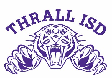 Thrall ISD logo with purple tiger mascot and text.