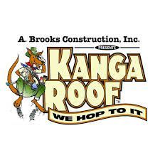 Logo for Kanga Roof, a roofing company, featuring a kangaroo in construction attire. Text reads 