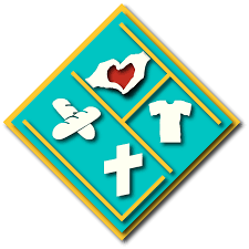Diamond-shaped symbol: bread, hands forming a heart, clothing, a cross. Turquoise, yellow, white.