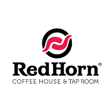 RedHorn Coffee House & Tap Room logo. Red symbol in black circle with black text, 