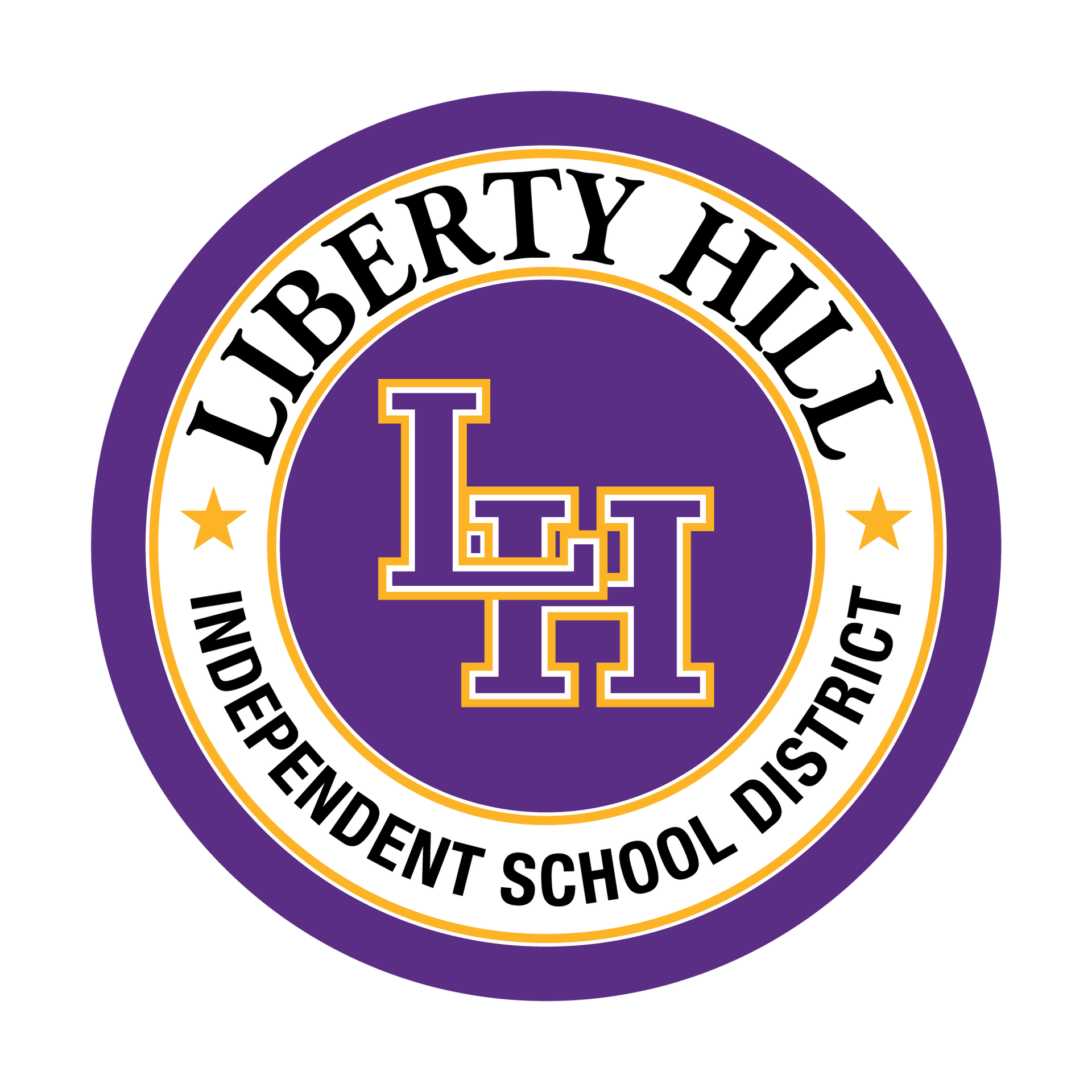 Liberty Hill ISD logo: purple circle, white border, 