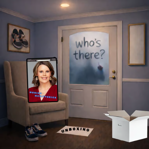 A screen shows a woman in a living room, a door with