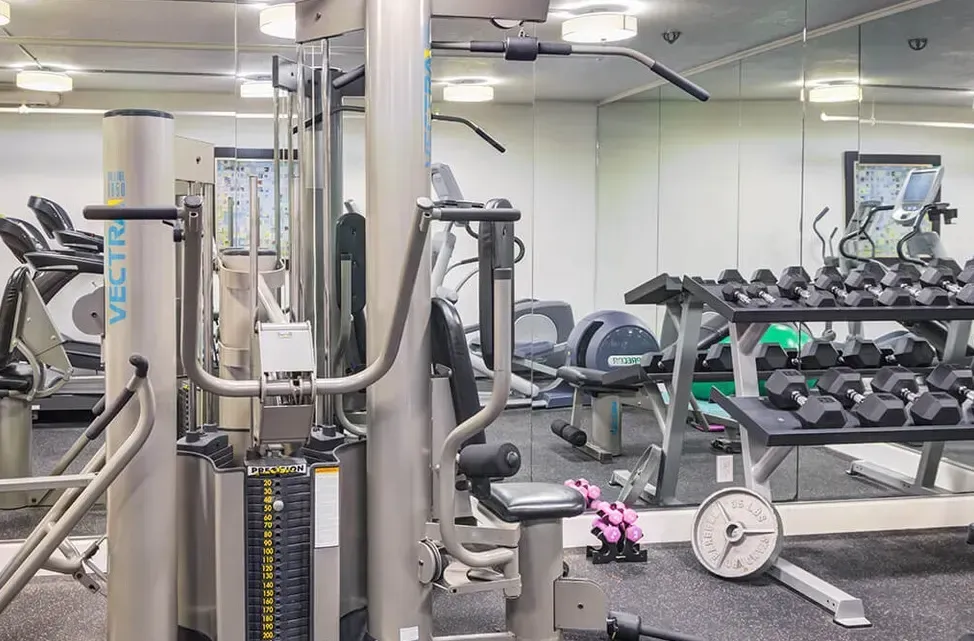 A gym filled with lots of exercise equipment and dumbbells.