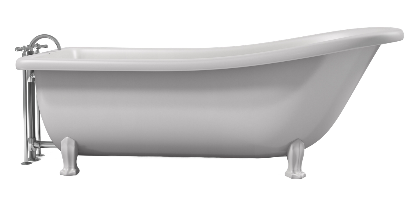 a white bathtub with claw feet and a chrome faucet