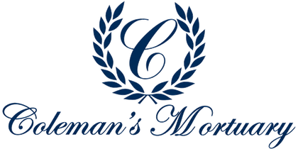 Logo for Coleman’s Mortuary with a navy laurel wreath and cursive “C” on a white background