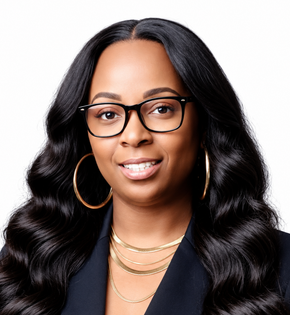 Portrait of a smiling woman with glasses, long wavy black hair, and gold hoop earrings on a white background