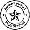Round notary public seal in black and white with star and the words “State of Texas”