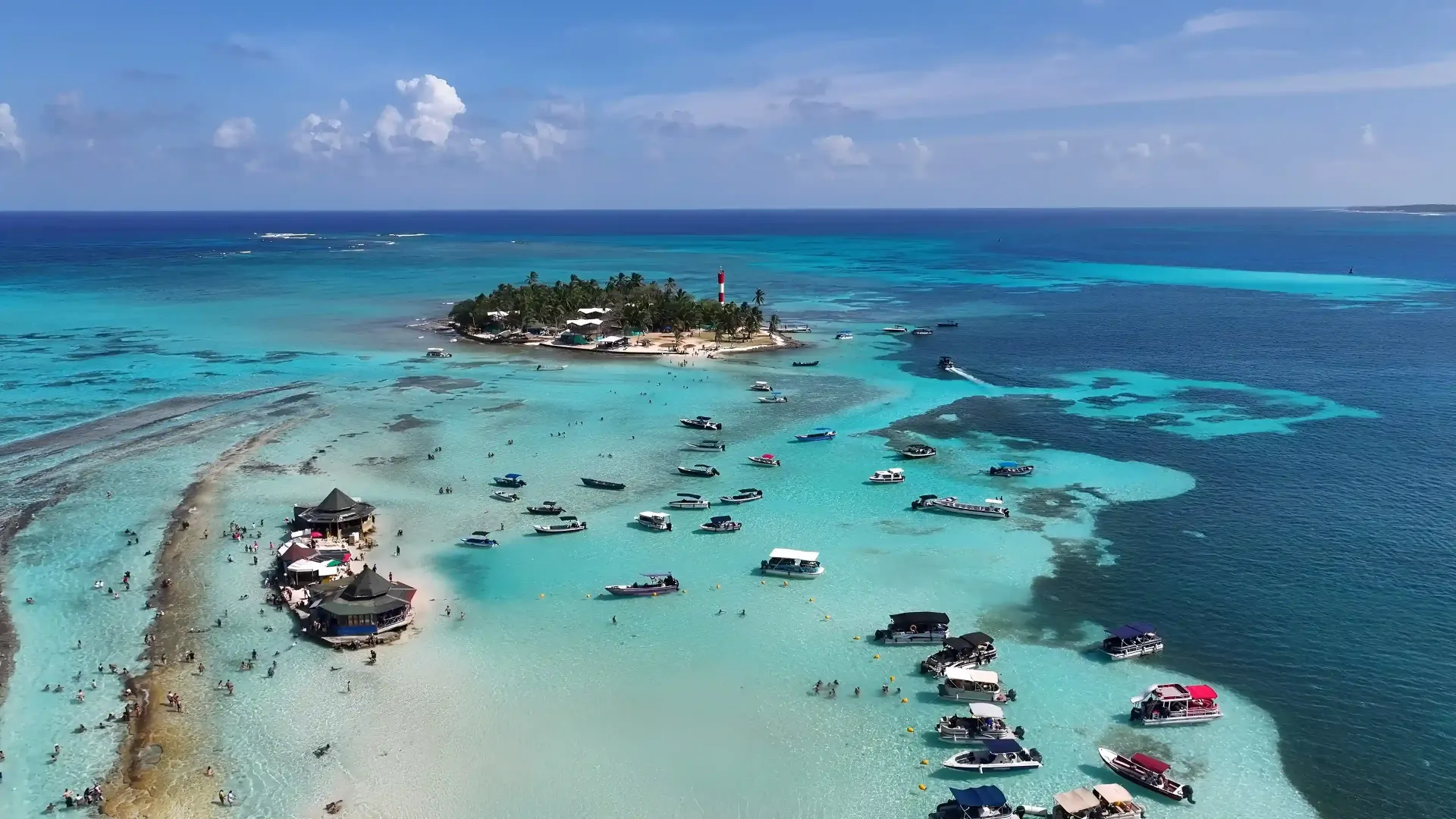 Panorámica aérea del mar de San Andrés, con botes sobre aguas poco profundas y un cayo al fondo.