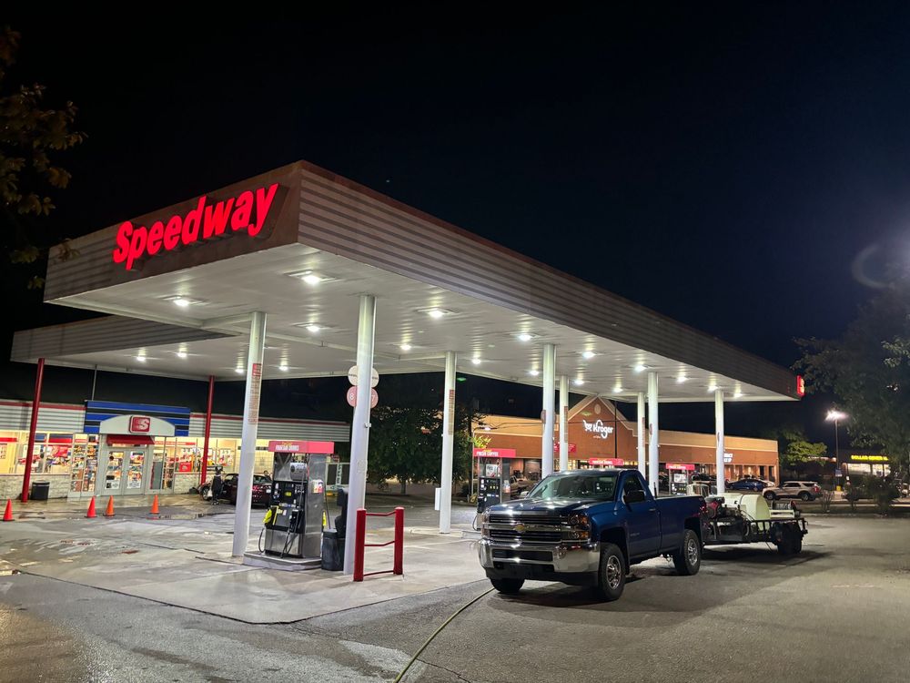 A speedway gas station being pressure wash