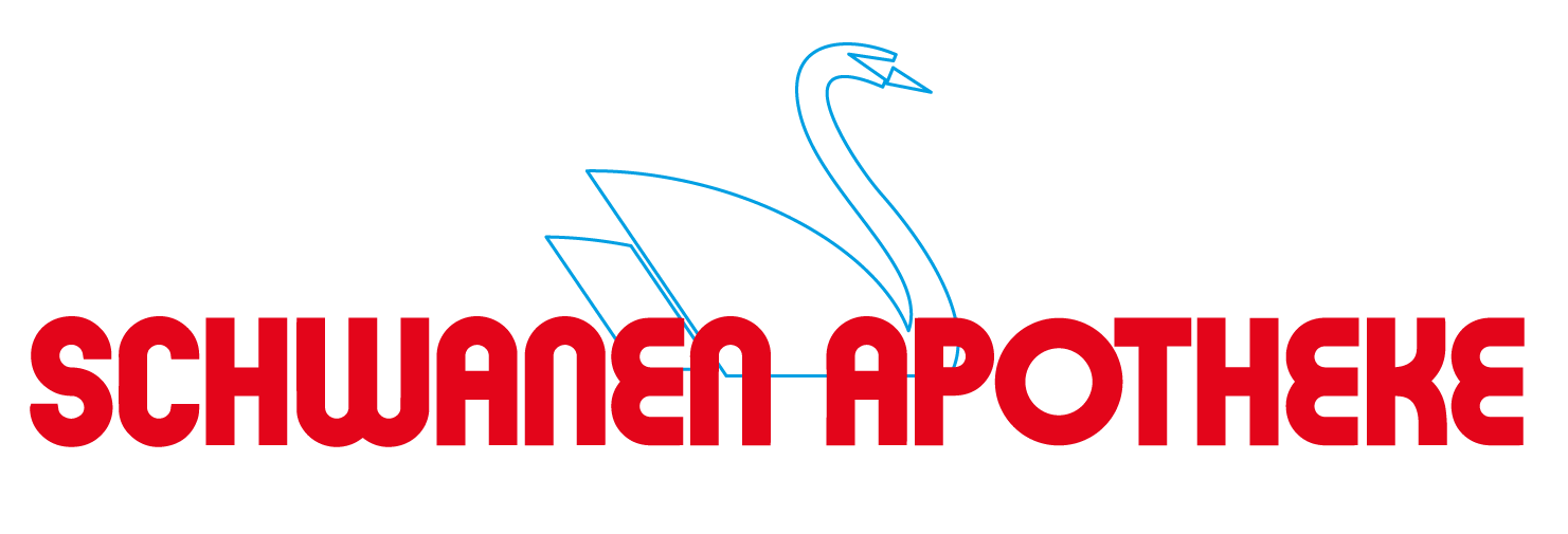 Logo mit Link zur Haupseite der Schwanen Apotheke blauer stilisierter Schwan mit Roter Schrift mit dem Namen der Apotheke: Schwanene Apotheke