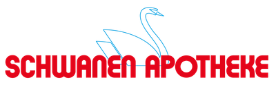 Logo mit Link zur Haupseite der Schwanen Apotheke blauer stilisierter Schwan mit Roter Schrift mit dem Namen der Apotheke: Schwanene Apotheke