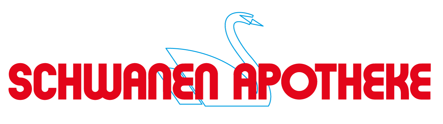 blauer stilisierter Schwan mit Roter Schrift mit dem Namen der Apotheke: Schwanene Apotheke