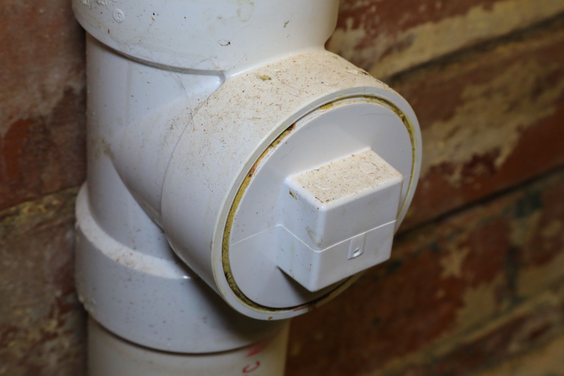A close-up of a white PVC pipe cleanout fitting against a textured, brown brick wall.