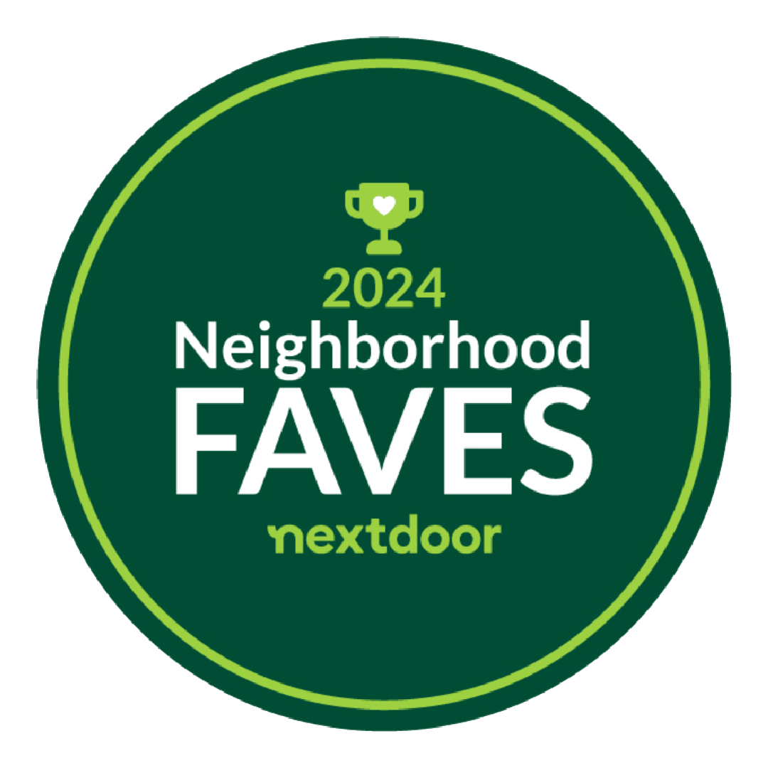 A green circular badge for the 2024 Nextdoor Neighborhood Faves, featuring a trophy icon and the text 