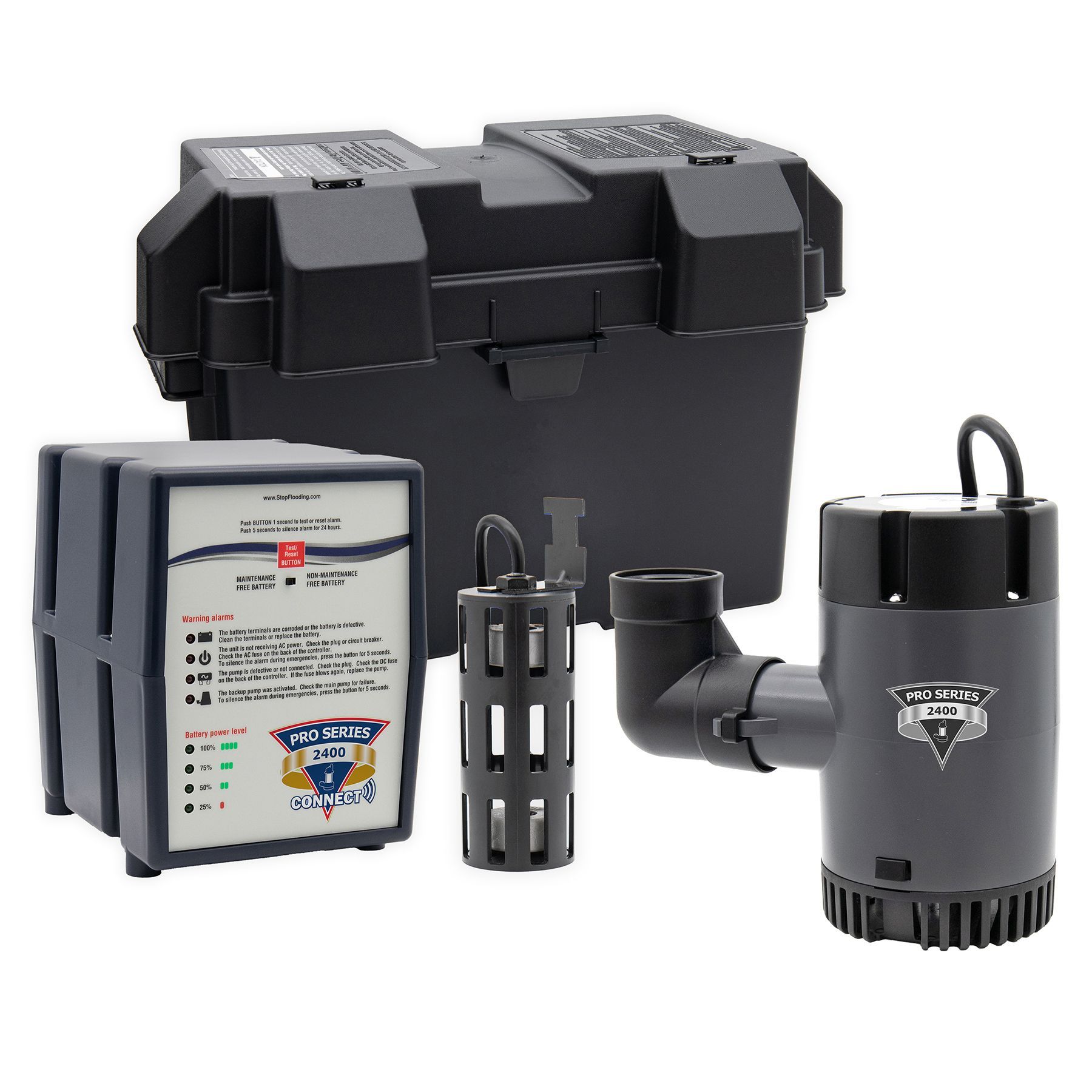 Pro Series 2400 backup sump pump system with battery box, control panel, pump unit, and float switch.