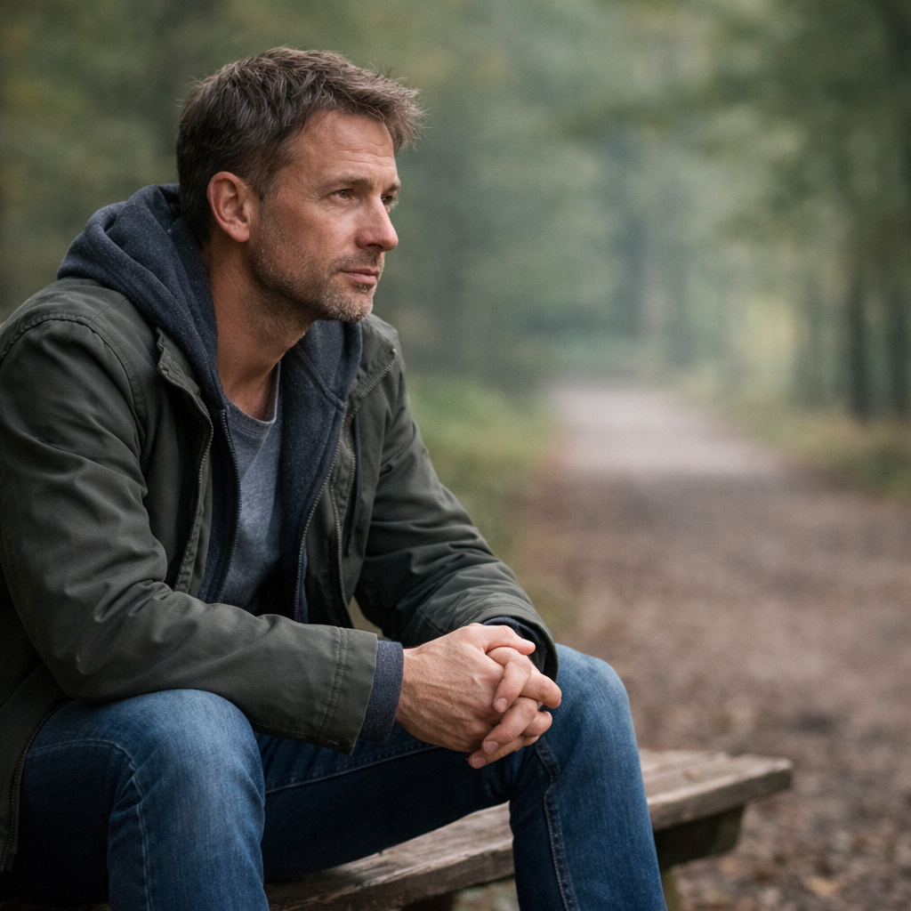 Man met burn-out klachten en werkstress zit vermoeid in het bos
