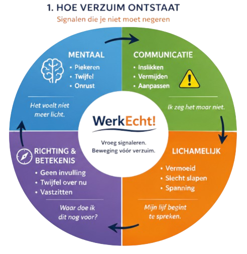 WerkEcht-cirkel die laat zien hoe werkstress en verzuim ontstaan door mentale, lichamelijke, communicatieve en zingevingsfactoren.