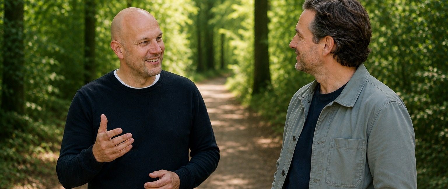 Spargesprek met ondernemer in de natuur | WerkEcht! Kees Niehof begeleidt een ondernemer tijdens een wandelgesprek over werk, samenwerking, verzuimpreventie en inzetbaarheid.
