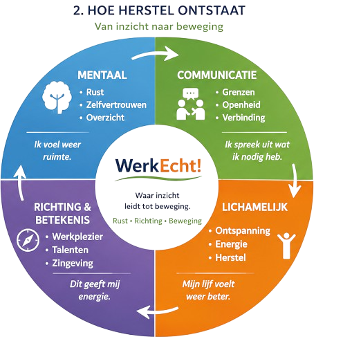 WerkEcht-cirkel die laat zien hoe herstel ontstaat door rust, open communicatie, energie, werkplezier en zingeving.