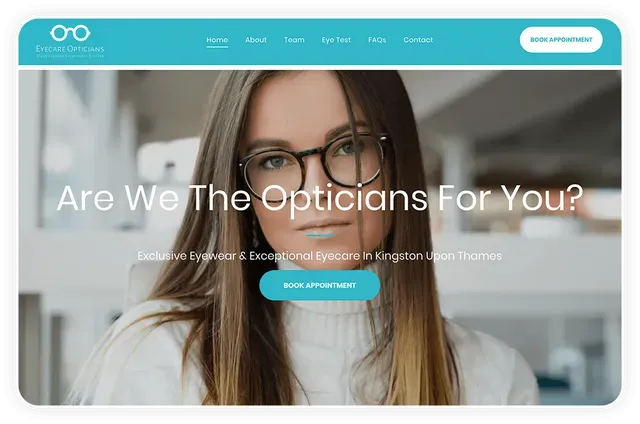 Website homepage featuring a woman wearing glasses, with a teal header and a