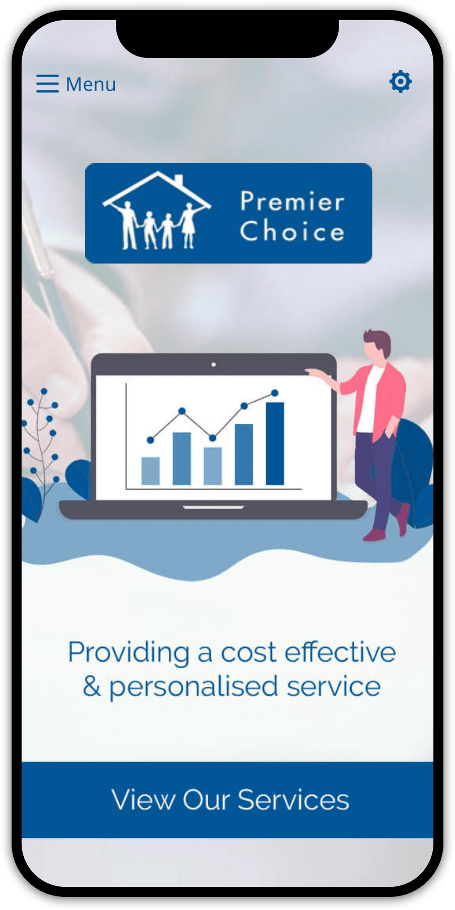 Mobile app: Premier Choice logo, graph illustration, person pointing, with the text
