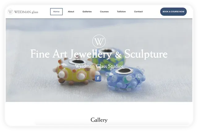 Website homepage featuring glass beads.