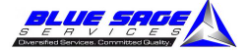 Blue Sage Services logo with blue text, gray tagline, and a blue triangular emblem on white background