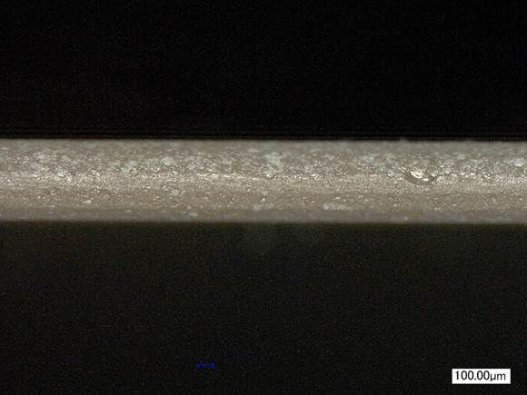 Microscope view of a ground 300mm wafer edge at 100 micron scale showing a uniform rounded profile