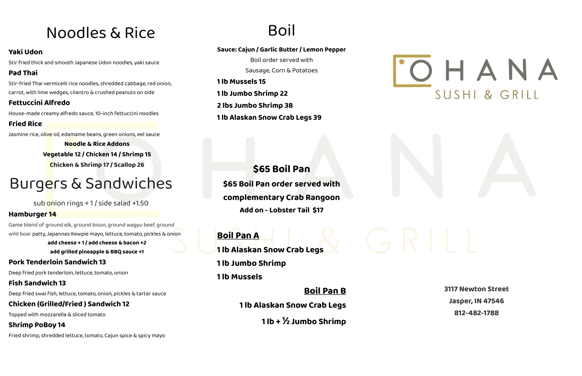 Menu Ohana Hawaiian Grill & Bar Jasper, IN and French Lick, IN